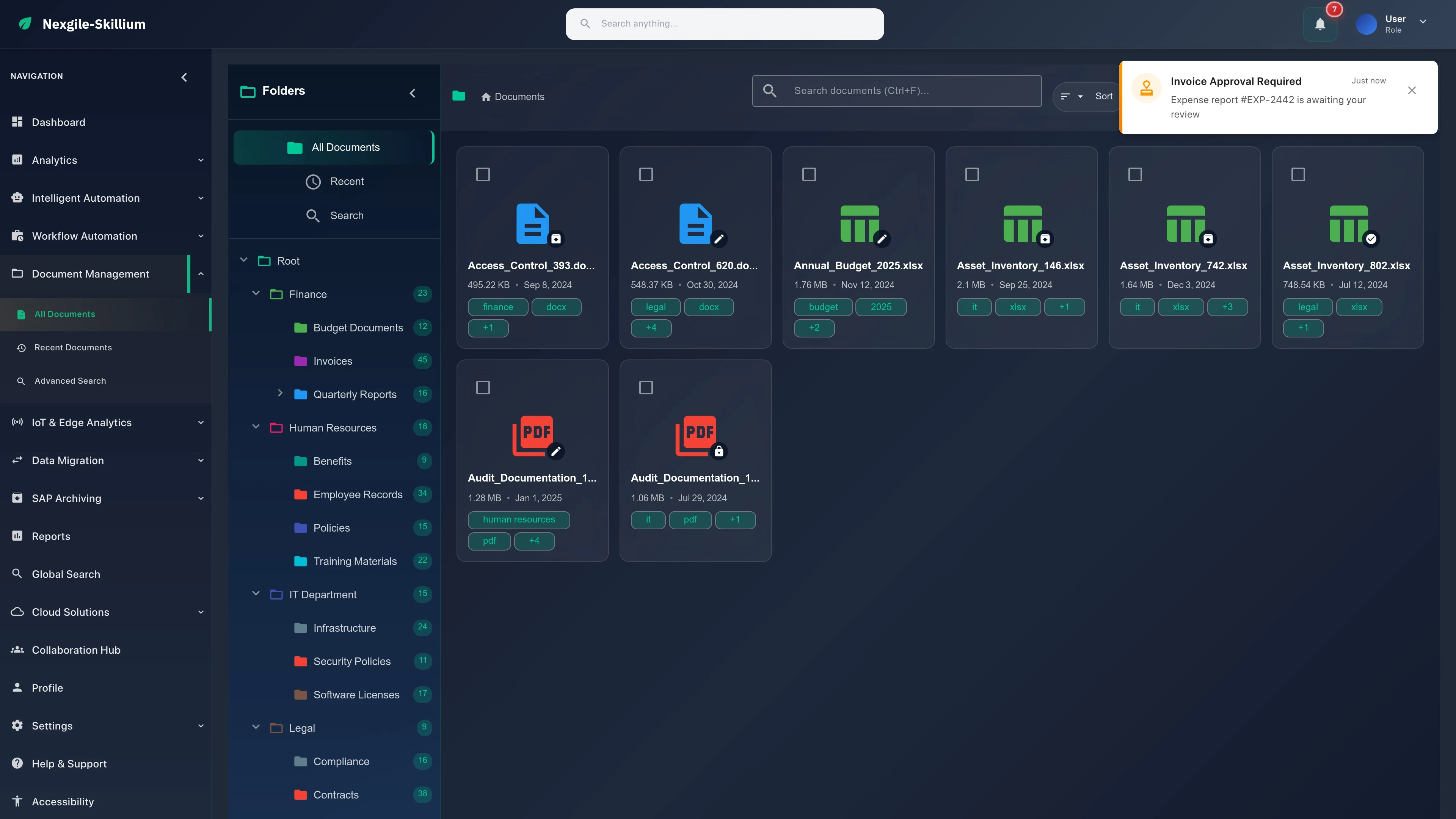 Illustrative preview (sample data, not verified outcomes): Documents Management Interface - Enterprise document management with AI-powered classification and workflow automation